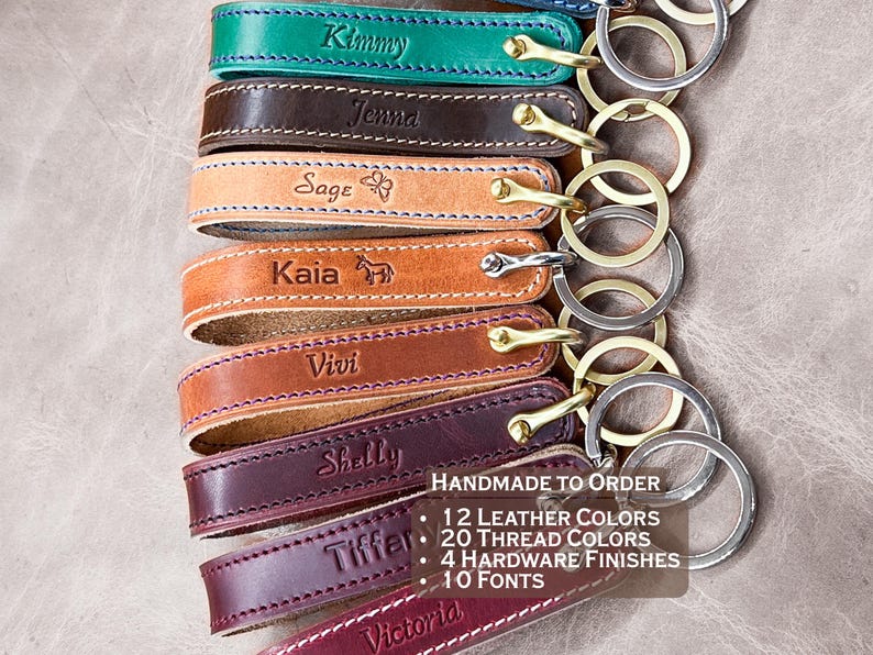 Personalized Horween Leather Keychains in a variety of leather colors and brass, nickel, black and gold hardware finishes.  Handmade in the USA by CustomLeatherAndPen in Houston, Texas.