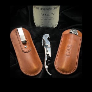 American Horween Leather Sommelier Corkscrew Case with Belt Clip , Personalized Wine Opener Sheath, Bartender Server Gift, Wine Lovers Gift