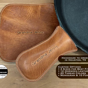 Cast Iron Skillet Handle Cover in Horween Leather. Handmade to order in 3 sizes. Personalized Trivet, Pot Holder Grip, Gift for Cooks Chefs