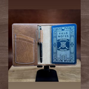Horween Leather Notebook Cover with inside pen holder. Custom pockets, pen holder, leather and more. Personalized Pocket Notebook Journal