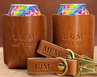 Handmade Can Cooler and Bottle Wrap in Horween Leather. Custom Drink Cooler. Texas Wedding Favors. Leather Groomsmen Gifts, Usher Gift