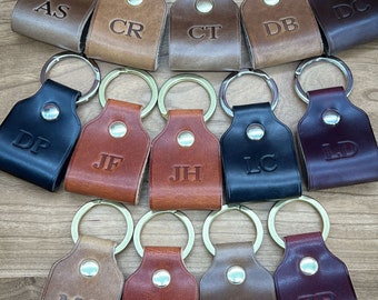 American Horween Leather Initials Keychain. Handmade Personalized Pocket Keychain. Small Engraved Key Chain. Compact Mini Key Fob Keeper