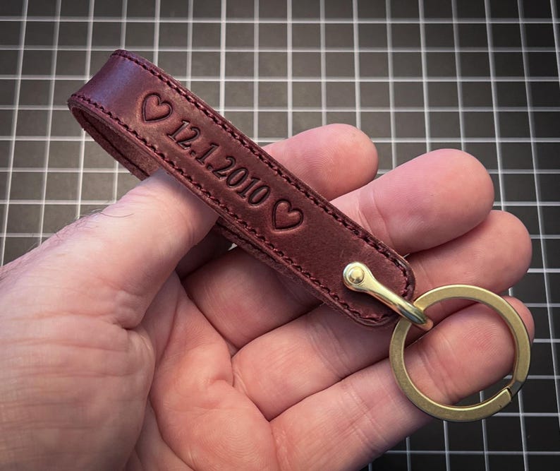 Handmade in the USA: Horween Leather Custom Wristlet Keychain. Choose leather color, thread and text. Hardware in brass, nickel, black image 16