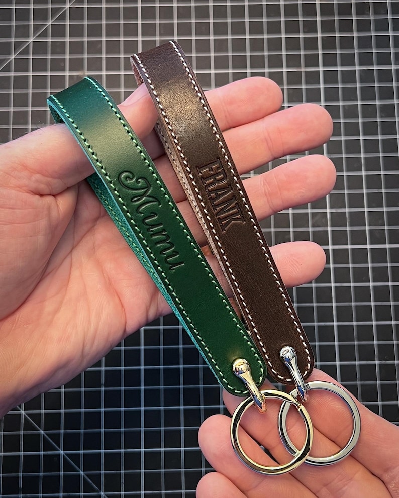 Handmade in the USA: Horween Leather Custom Wristlet Keychain. Choose leather color, thread and text. Hardware in brass, nickel, black image 5