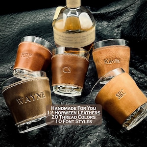 Handmade American Horween Leather Engraved Bourbon Glass. Personalized Whiskey Glass for Fathers Day Gift. Third Anniversary Heirloom.