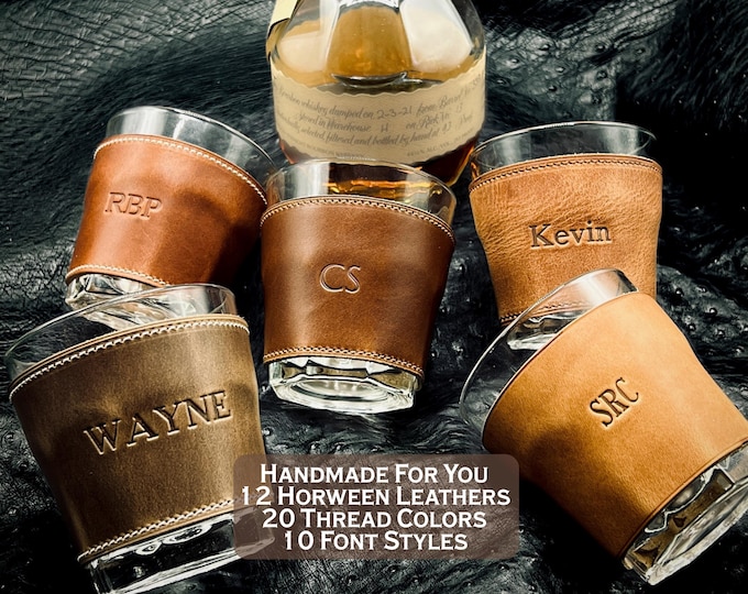 Handmade American Horween Leather Engraved Bourbon Glass. Personalized Whiskey Glass for Fathers Day Gift. Third Anniversary Heirloom.