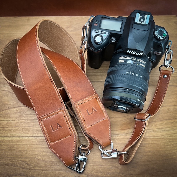 Handmade Leather Camera Strap. Personalized, custom sized in premium Horween leather  | Personalized Luxury Nikon DSLR Camera Strap