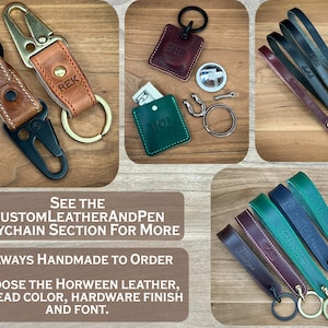 May include: A collection of handmade leather keychains and accessories in various colors. The image includes keychains with personalized initials, wrist straps, and small wallets. The text on the image says "SEE THE CUSTOMLEATHERANDPEN KEYCHAIN SECTION FOR MORE".
