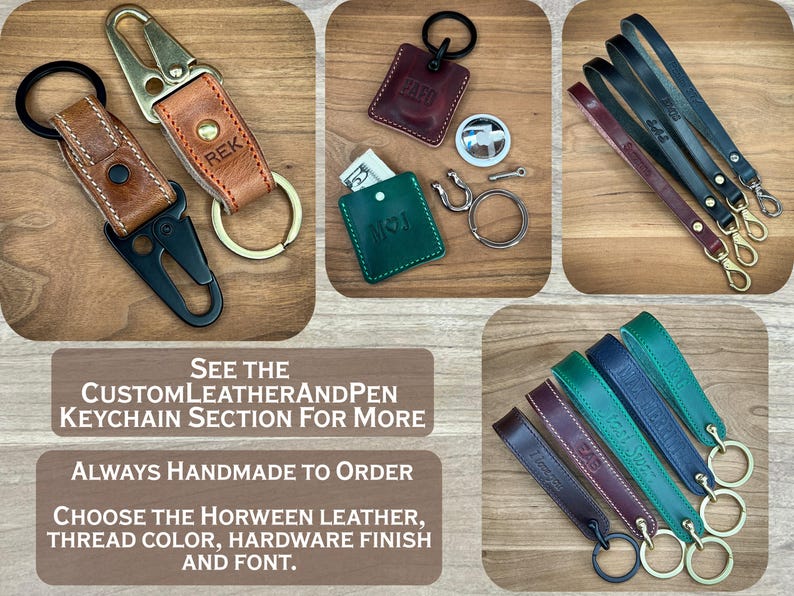 May include: A collection of handmade leather keychains and accessories in various colors. The image includes keychains with personalized initials, wrist straps, and small wallets. The text on the image says "SEE THE CUSTOMLEATHERANDPEN KEYCHAIN SECTION FOR MORE".