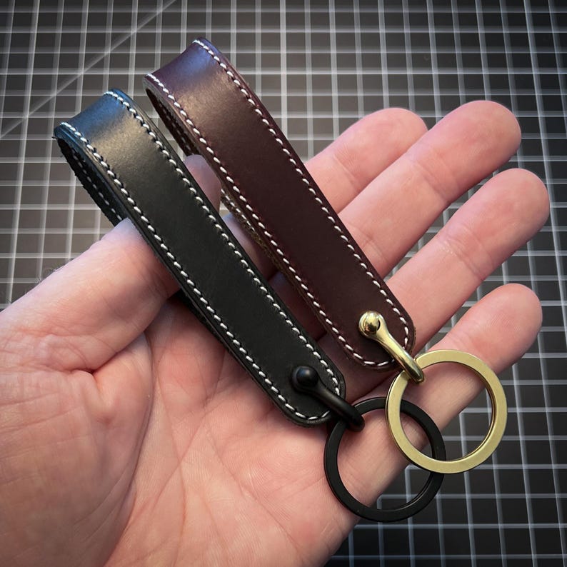 Handmade in the USA: Horween Leather Custom Wristlet Keychain. Choose leather color, thread and text. Hardware in brass, nickel, black image 15
