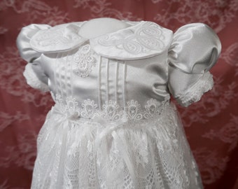 Abigail Heirloom Christening Gown, Baptismal Dress, Blessing Dress, Infants and Toddlers, Satin and Lace, Bonnet and Slippers Separate