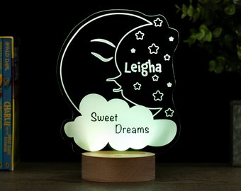 Moon and Stars Decor Lamp, Personalized Sweet Dreams LED Night Light, Nursery Baby Kids Room Name Sign Gift, Premium HoloGLO