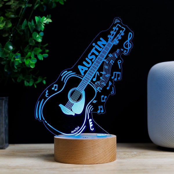 Acoustic Guitar LED Decor Light, Personalized Instrument Lamp, Kids Birthday Gift, Musicians Name, Fathers Day Premium HoloGLO (ACR-WA136)