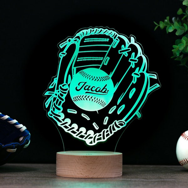 Baseball Glove LED Night Light, Kid's Glove & Ball Decor Lamp Birthday Gift, Coach Name Sign, Fathers Day Premium HoloGLO (ACR-WA130)