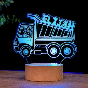 Dump Truck Decor Lamp, Personalized LED Truck Night Light, Boys Name Sign Birthday Gift, Nursery Baby Kids Room, Premium HoloGLO