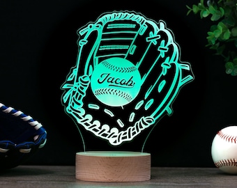 Baseball Glove LED Night Light, Kid's Glove & Ball Decor Lamp Birthday Gift, Coach Name Sign, Fathers Day Premium HoloGLO (ACR-WA130)