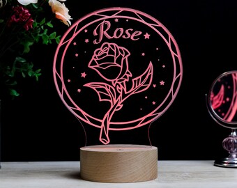 Rose Decor Lamp, Personalized Night Light Gift, Daughter's Princess Room, Flower Name Sign, Premium HoloGLO (ACR-WA151)