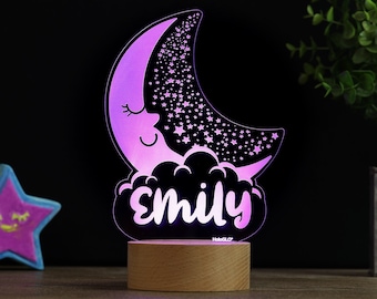 Moon and Stars Decor Lamp, Personalized Kids LED Night Light, Nursery Baby Room Name Sign Gift, Baby Moon Bedroom Gift Premium HoloGLO