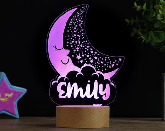 Moon and Stars Decor Lamp, Personalized Kids LED Night Light, Nursery Baby Room Name Sign Gift, Baby Moon Bedroom Gift Premium HoloGLO