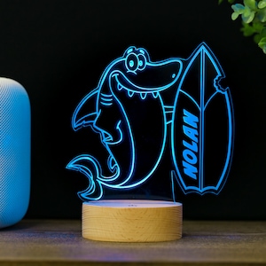 Surfin&#39; Shark Night Light, Personalized LED Decor Lamp, Kids Room, Nursery Baby Gift, Name Sign, Premium HoloGLO