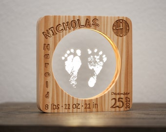 Baby Footprints & Birth Announcement Decor Lamp, Personalized Baby Room Decor Keepsake, Nursery Night Light Lamp, Baby Girl, Baby Boy