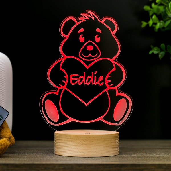 Teddy Bear Decor Lamp, Personalized Children's LED Night Light, Nursery Baby Kids Room Name Sign Gift, Premium HoloGLO