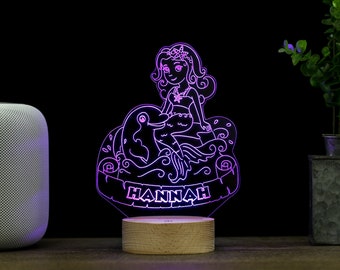 Mermaid & Friend Decor Lamp, Personalized Night Light, Kids Room, Nursery Baby Name Sign Gift, Premium HoloGLO