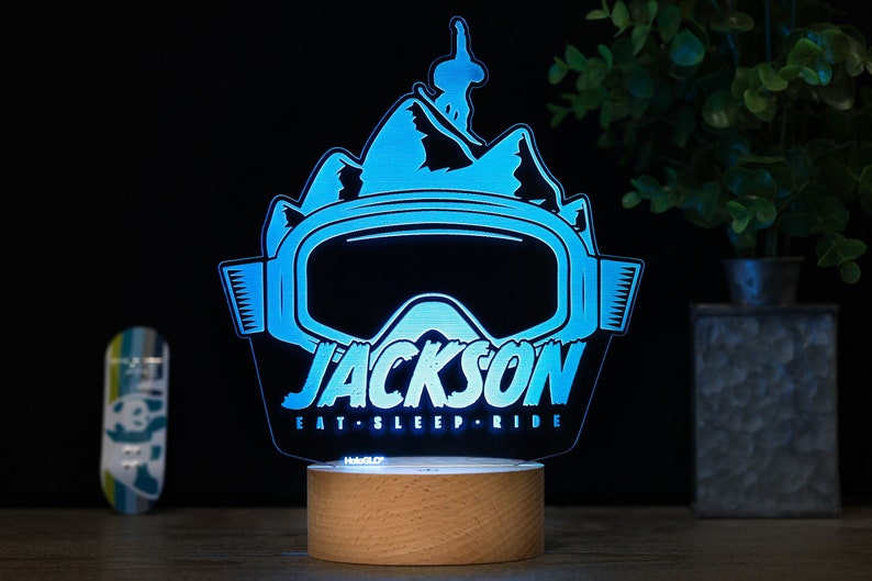 Snowboarding Kid's Night Light, Personalized Snowboarder Decor Lamp Birthday Gift, Name Sign, Premium HoloGLO ACR-WA145 image 2