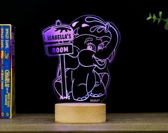 Elephant Bedroom Night Light, Personalized Kids Room Decor Lamp, Baby Nursery Decor, LED Name Sign Gift, Premium HoloGLO