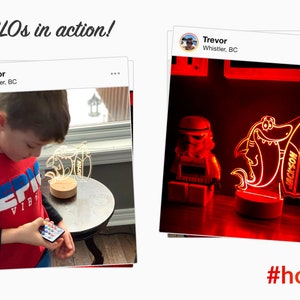 May include: Two images showing a 3D holographic night light. The first image shows a child holding a remote control and looking at the light, which is a shark with the name "JACKSON" on it. The second image shows the shark night light with a Star Wars figurine in the background. The text "#hologlo" is at the bottom of the image.
