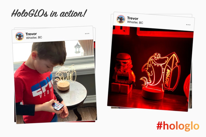 May include: Two images showing a 3D holographic night light. The first image shows a child holding a remote control and looking at the light, which is a shark with the name "JACKSON" on it. The second image shows the shark night light with a Star Wars figurine in the background. The text "#hologlo" is at the bottom of the image.