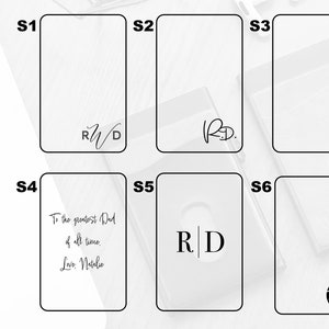 May include: Six different phone case design options. The designs include initials, a message for a dad, and a name.