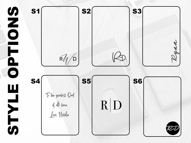 May include: Six different phone case design options. The designs include initials, a message for a dad, and a name.