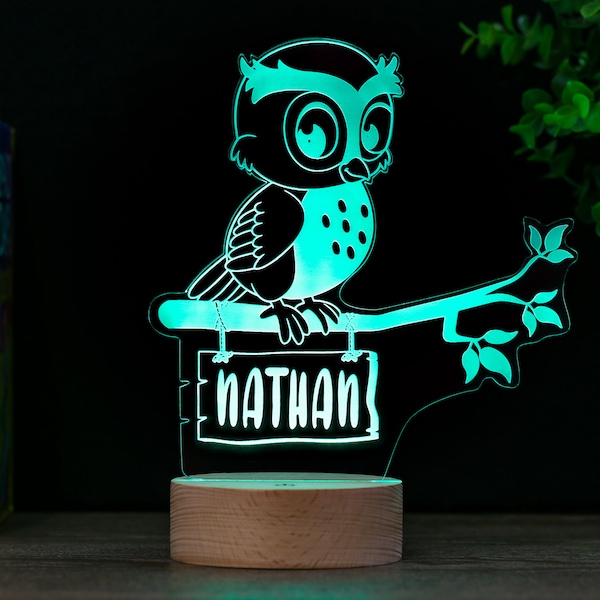 Loveable Owl Decor Lamp, Woodland Animal Personalized Night Light, Kids Room Name Sign Gift, Farmhouse Nursery Decor, Premium HoloGLO