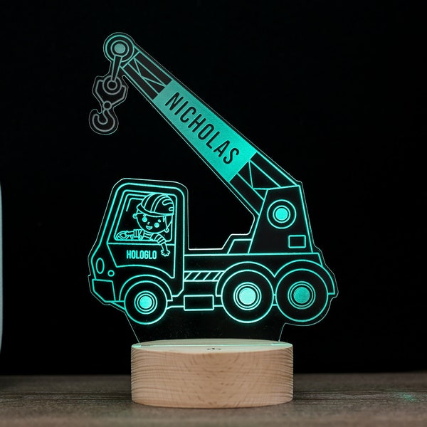 Construction Crane Truck Decor Lamp, Personalized LED Night Light, Nursery Baby Kids Room, Boys Name Sign Birthday Gift, Premium HoloGLO