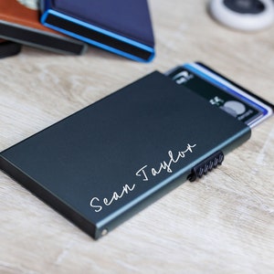 Cartera personalizada para hombre, cartera minimalista moderna para hombre, cartera de aluminio y cuero, tarjetero ultrafino con protección RFID.
