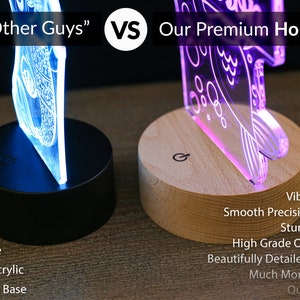 May include: Comparison of two acrylic night lights. The left night light has a black plastic base and a thin, clear acrylic panel with a blue glow. The right night light has a wooden base and a thicker, clear acrylic panel with a purple glow. Text on the image reads "The Other Guys" vs. "Our Premium HoloGLOS".