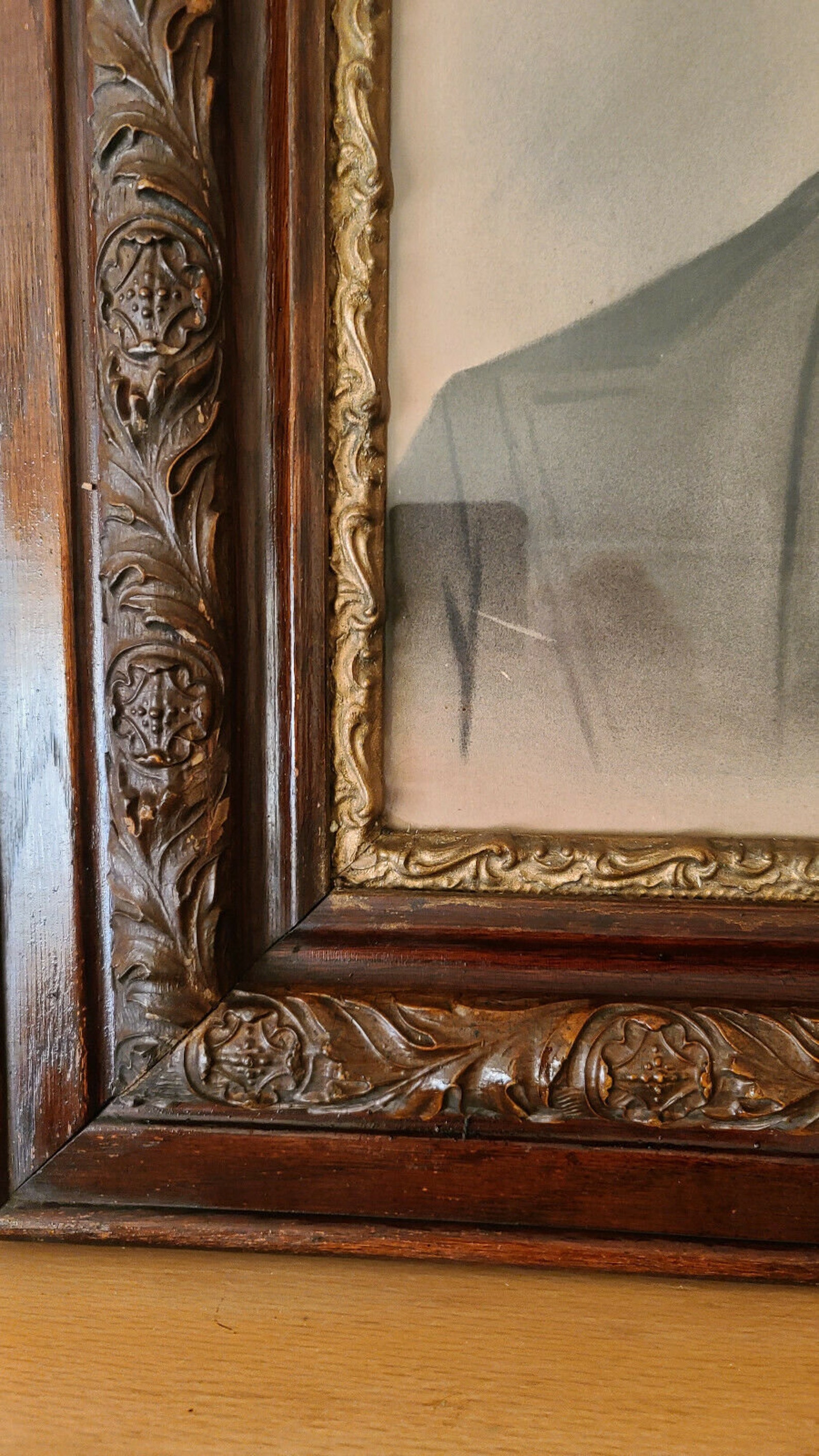 Antique Art Chalk Charcoal Portrait Ornate Oak Frame with Etsy