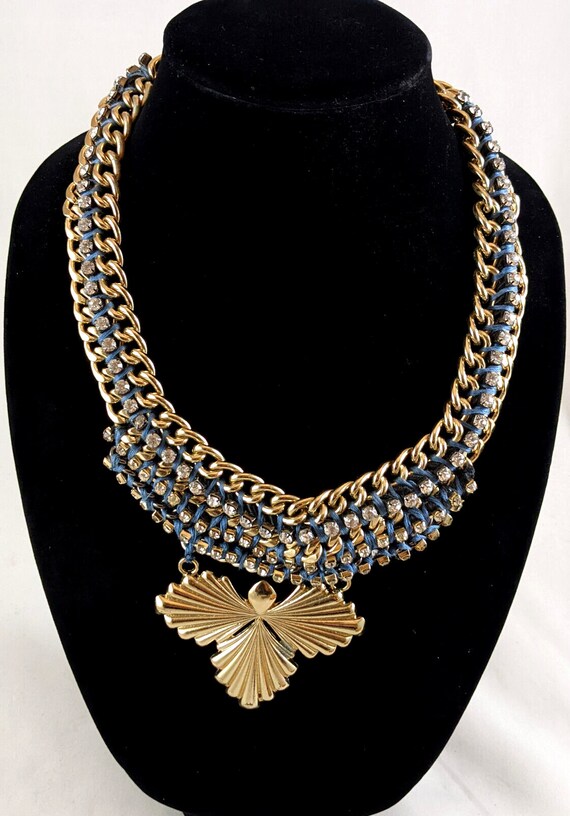 Blue Woven Cord Rhinestone w/Gold Chain Necklace … - image 2