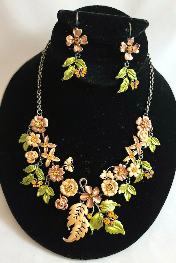 Floral Copper/Rust and Rhinestone Necklace/Pierce… - image 1