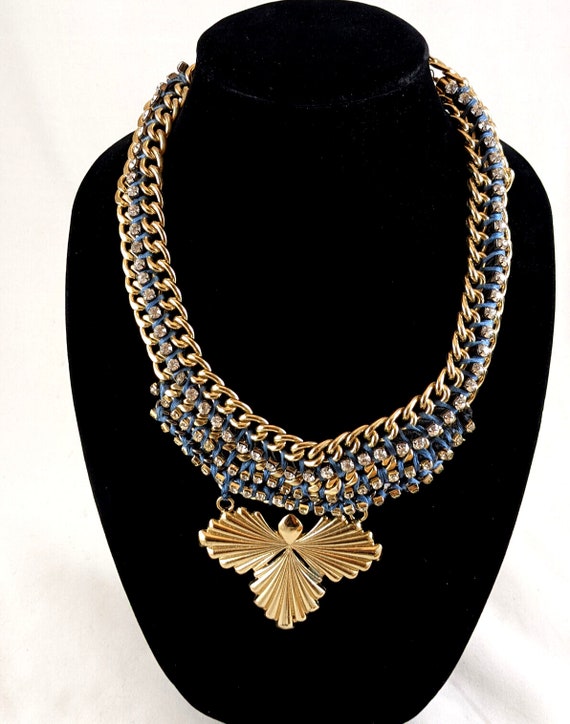 Blue Woven Cord Rhinestone w/Gold Chain Necklace … - image 5