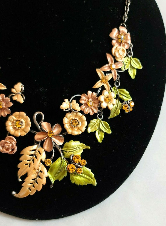 Floral Copper/Rust and Rhinestone Necklace/Pierce… - image 5