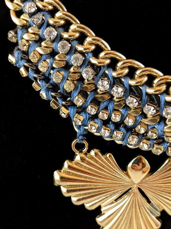 Blue Woven Cord Rhinestone w/Gold Chain Necklace … - image 4