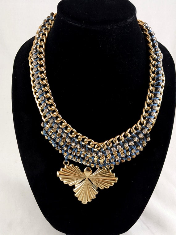 Blue Woven Cord Rhinestone w/Gold Chain Necklace … - image 3