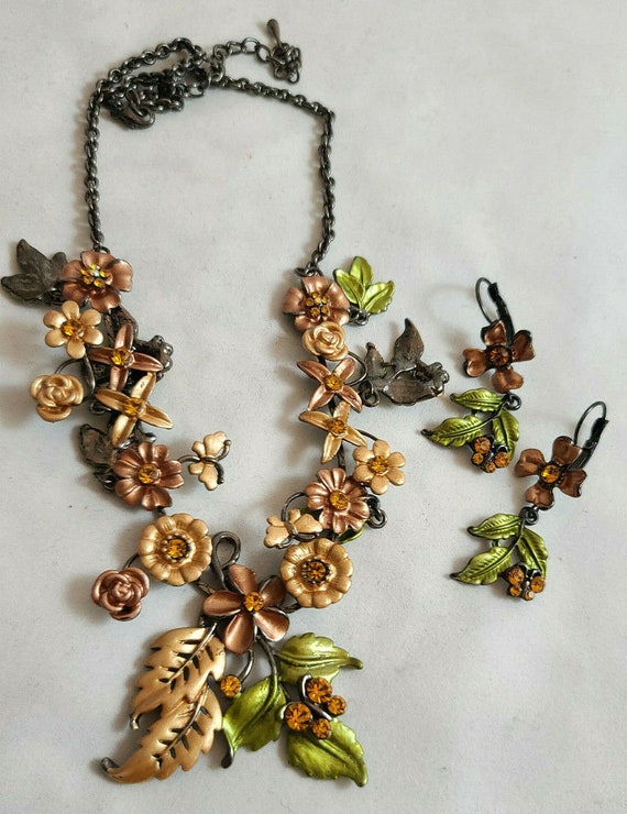 Floral Copper/Rust and Rhinestone Necklace/Pierce… - image 6