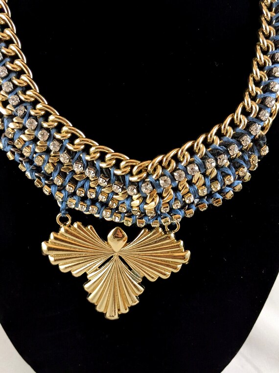 Blue Woven Cord Rhinestone w/Gold Chain Necklace … - image 9