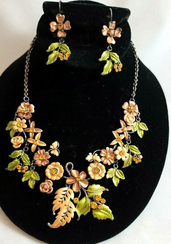 Floral Copper/Rust and Rhinestone Necklace/Pierce… - image 7