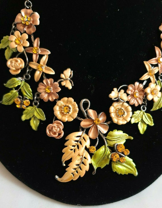 Floral Copper/Rust and Rhinestone Necklace/Pierce… - image 3