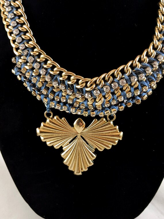 Blue Woven Cord Rhinestone w/Gold Chain Necklace … - image 6