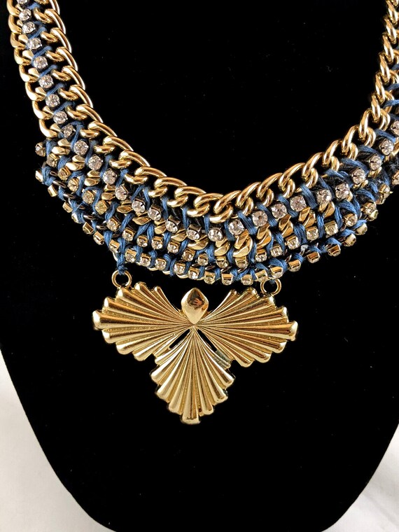 Blue Woven Cord Rhinestone w/Gold Chain Necklace … - image 7